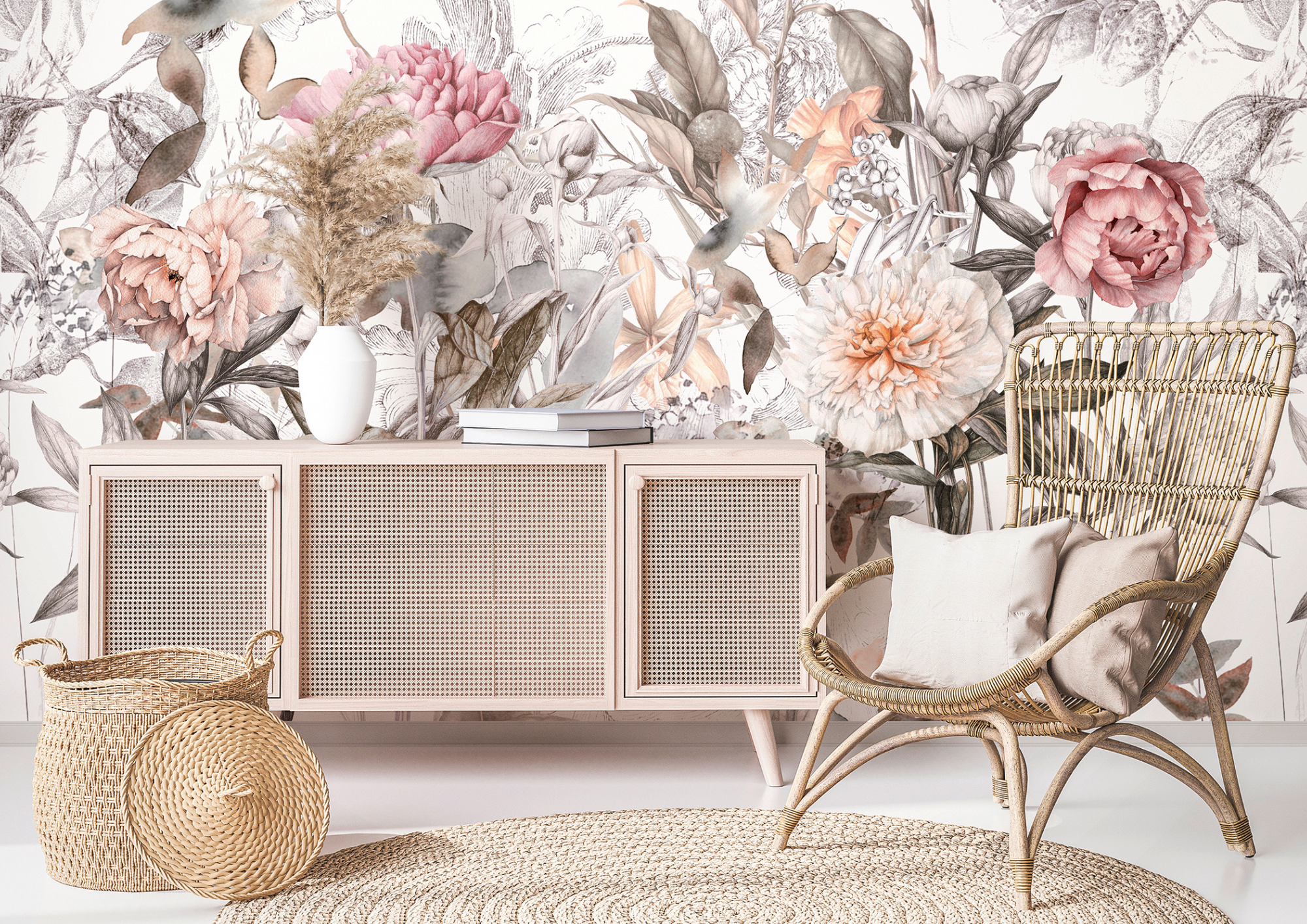 Boho-Wohnzimmer mit Rattansessel, Blumen-Tapete und geflochtenen Accessoires