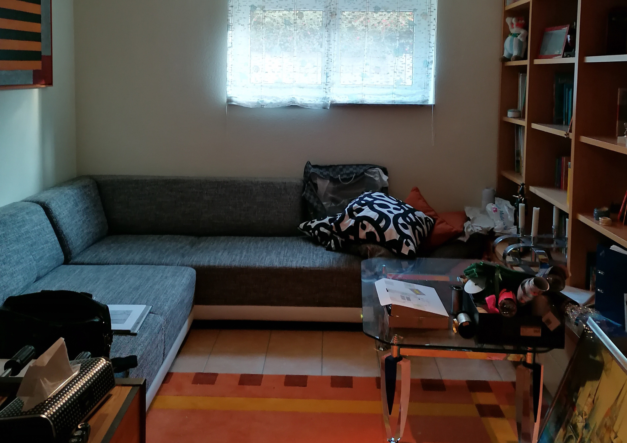 Sofa vor Bücherregal mit Glastisch und Dekoration in gemütlichem Raum