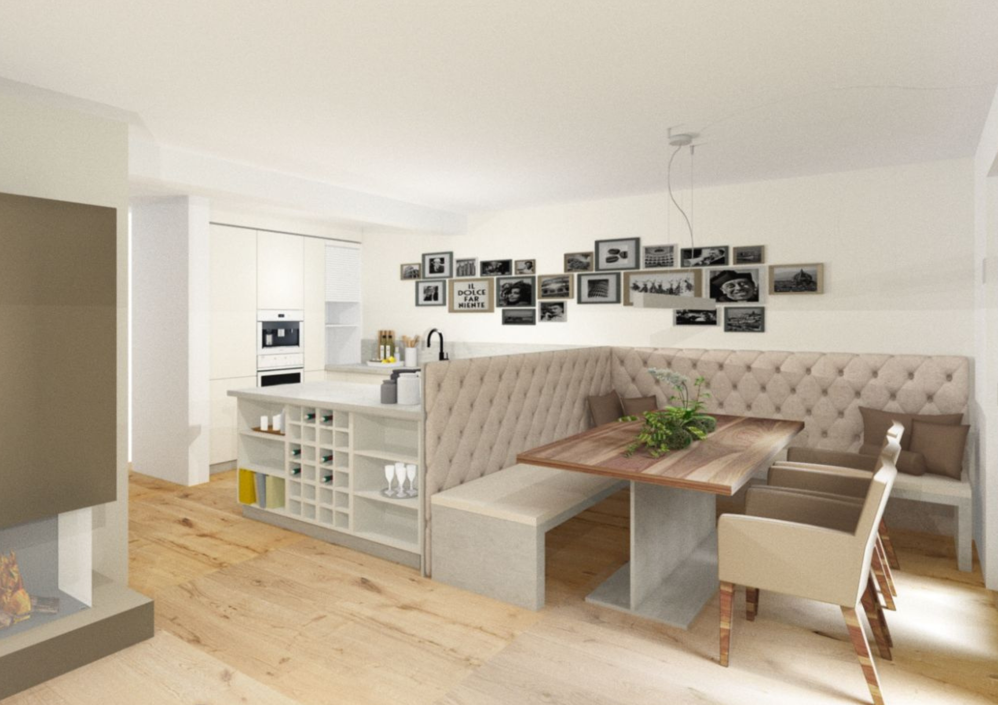 Moderne Wohnküche mit gemütlicher Polster-Eckbank und Holztisch