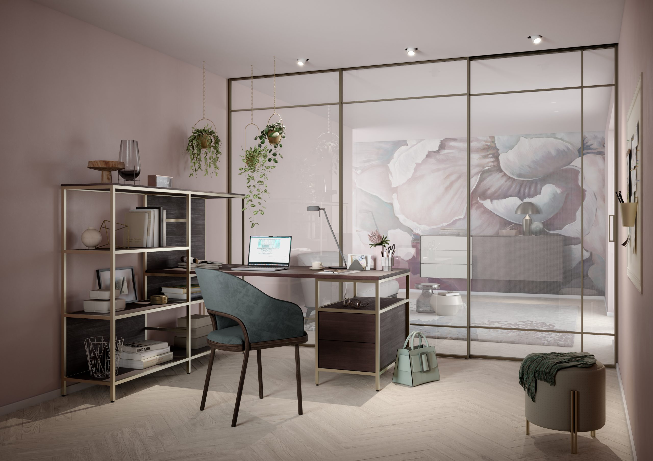 Helles Arbeitszimmer in Leipzig mit rosafarbenen Wänden, grünem Stuhl und floralem Wandmuster – aktueller Farbtrend 2025.