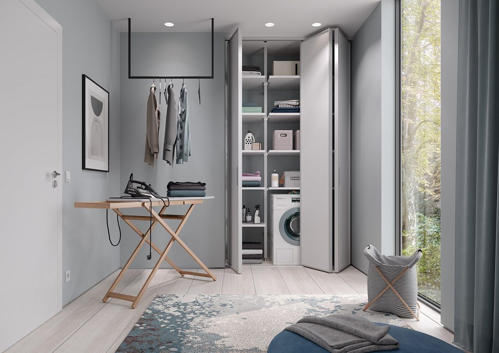 Moderner Hauswirtschaftsraum mit integriertem Einbauschrank, Stauraum für Waschmaschine, Wäsche und Kleidung – individuelle Stauraumlösung von InnenausSichten Leipzig