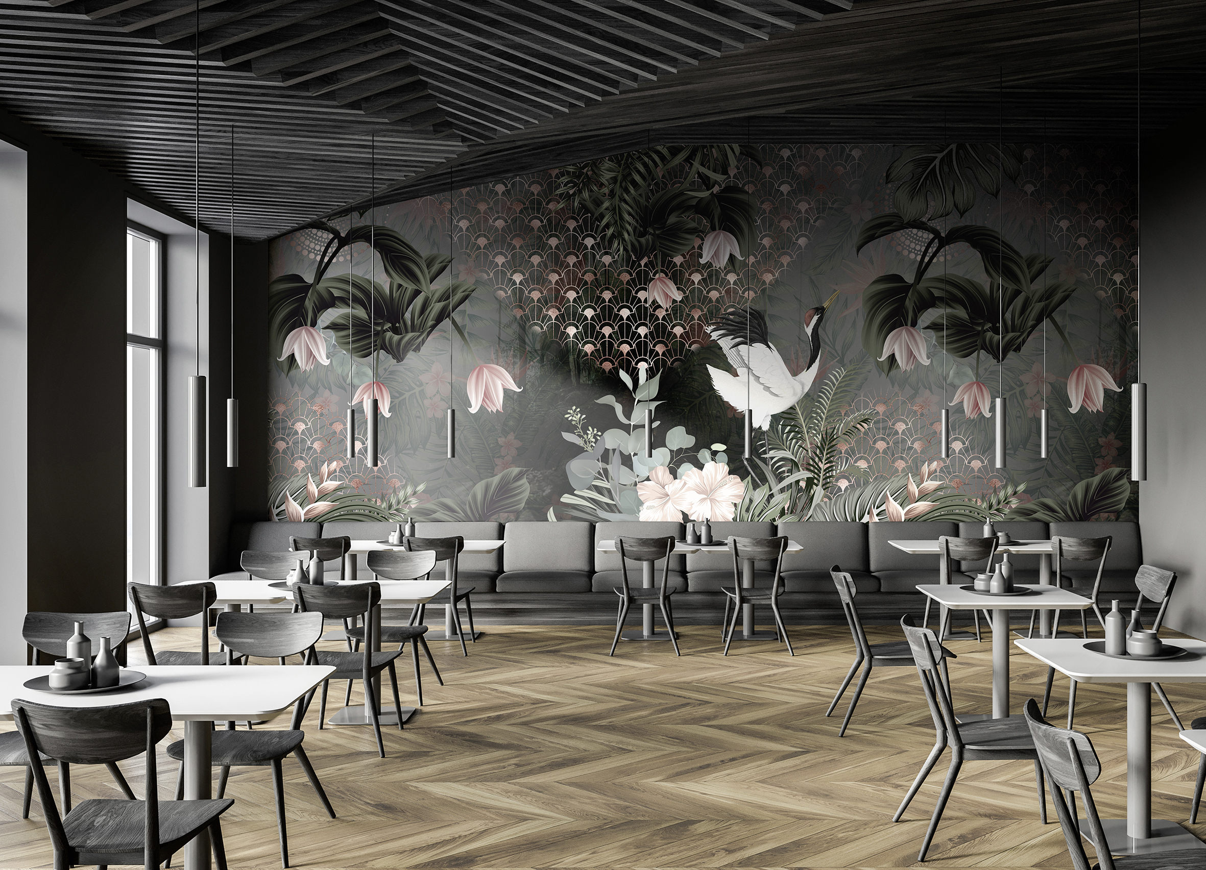 Florale Fototapete in dunklen Tönen als Blickfang im Restaurant, ideal als hochwertige Alternative zur Raufasertapeten.