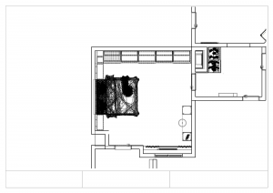 Technischer Grundriss eines geplanten Schlafzimmers in einer Altbauwohnung in Leipzig mit Einbauschrank, Bett und maßgefertigten Lösungen