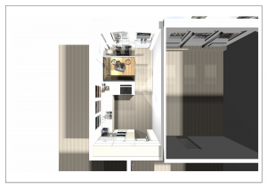 3D-Visualisierung der geplanten Küche mit Sitzbank, Esstisch und L-förmiger Arbeitsfläche in einem Altbau
