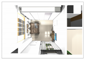 3D-Visualisierung eines Schlafzimmers in Leipzig mit Bett, Einbauschrank, TV und Fenster – moderne Einrichtung im Altbau