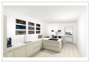 3D-Visualisierung der geplanten Küche mit Sitzbank, Esstisch und L-förmiger Arbeitsfläche in einem Altbau