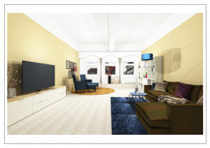 Draufsicht des modern geplanten Wohnzimmers mit gemütlicher Sitzecke und stilvollen Farbakzenten.