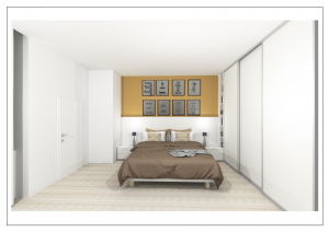 3D-Visualisierung eines Schlafzimmers in Leipzig mit Bett, Einbauschrank, TV und Fenster – moderne Einrichtung im Altbau