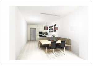 3D-Visualisierung der geplanten Küche mit Sitzbank, Esstisch und L-förmiger Arbeitsfläche in einem Altbau
