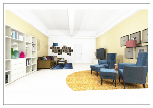 Draufsicht des modern geplanten Wohnzimmers mit gemütlicher Sitzecke und stilvollen Farbakzenten.