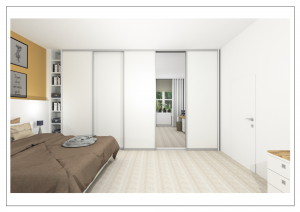 3D-Visualisierung eines Schlafzimmers in Leipzig mit Bett, Einbauschrank, TV und Fenster – moderne Einrichtung im Altbau