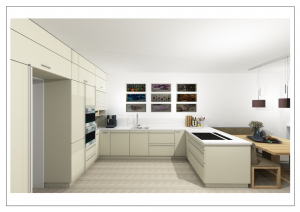 3D-Visualisierung der geplanten Küche mit Sitzbank, Esstisch und L-förmiger Arbeitsfläche in einem Altbau