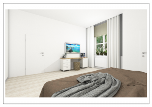 3D-Visualisierung eines Schlafzimmers in Leipzig mit Bett, Einbauschrank, TV und Fenster – moderne Einrichtung im Altbau