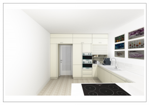 3D-Visualisierung der geplanten Küche mit Sitzbank, Esstisch und L-förmiger Arbeitsfläche in einem Altbau