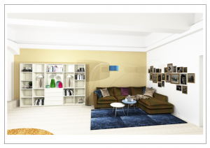 Draufsicht des modern geplanten Wohnzimmers mit gemütlicher Sitzecke und stilvollen Farbakzenten.