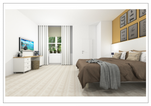 3D-Visualisierung eines Schlafzimmers in Leipzig mit Bett, Einbauschrank, TV und Fenster – moderne Einrichtung im Altbau