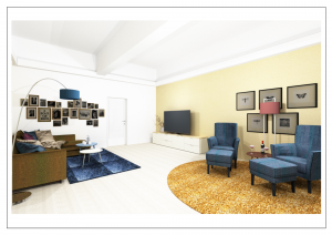 Draufsicht des modern geplanten Wohnzimmers mit gemütlicher Sitzecke und stilvollen Farbakzenten.