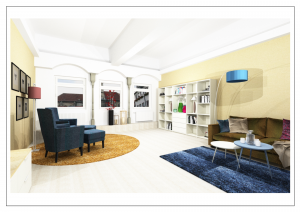 Draufsicht des modern geplanten Wohnzimmers mit gemütlicher Sitzecke und stilvollen Farbakzenten.